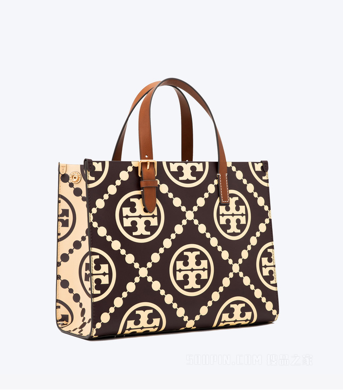 T Monogram 小号撞色压花托特包 浆果红