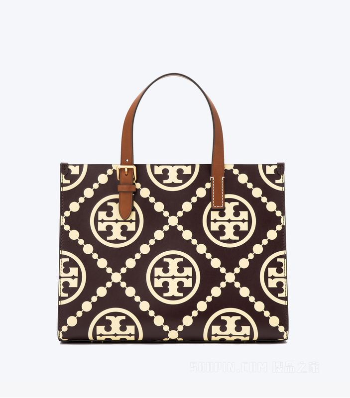 T Monogram 小号撞色压花托特包 浆果红