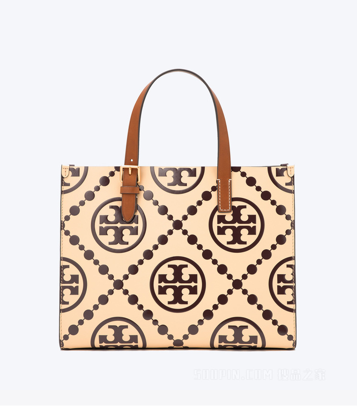 T Monogram 小号撞色压花托特包 浆果红