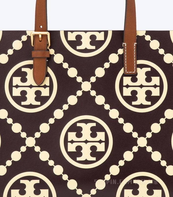 T Monogram 小号撞色压花托特包 浆果红