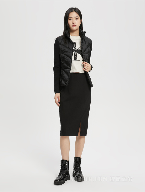 Calvin Klein 22秋冬女士时尚拼接印花鸭绒绗缝立领保暖羽绒服J220129