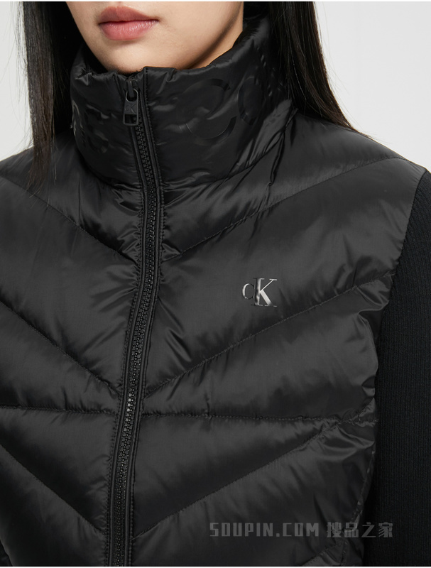 Calvin Klein 22秋冬女士时尚拼接印花鸭绒绗缝立领保暖羽绒服J220129