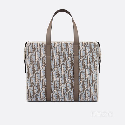 大号 Dior Corolle 手袋 米灰色 Oblique Tapestry 印花和棕色粒面牛皮革