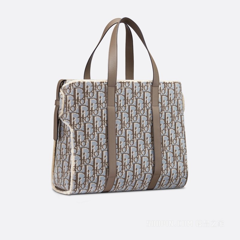 大号 Dior Corolle 手袋 米灰色 Oblique Tapestry 印花和棕色粒面牛皮革