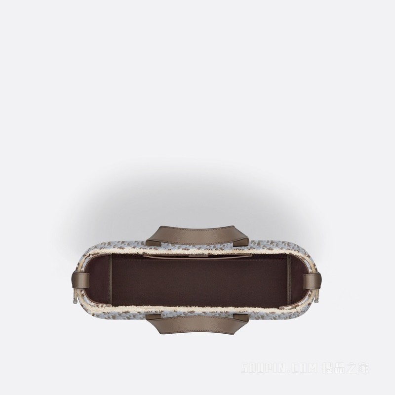 大号 Dior Corolle 手袋 米灰色 Oblique Tapestry 印花和棕色粒面牛皮革
