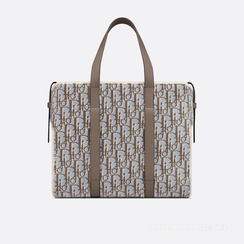 大号 Dior Corolle 手袋 米灰色 Oblique Tapestry 印花和棕色粒面牛皮革