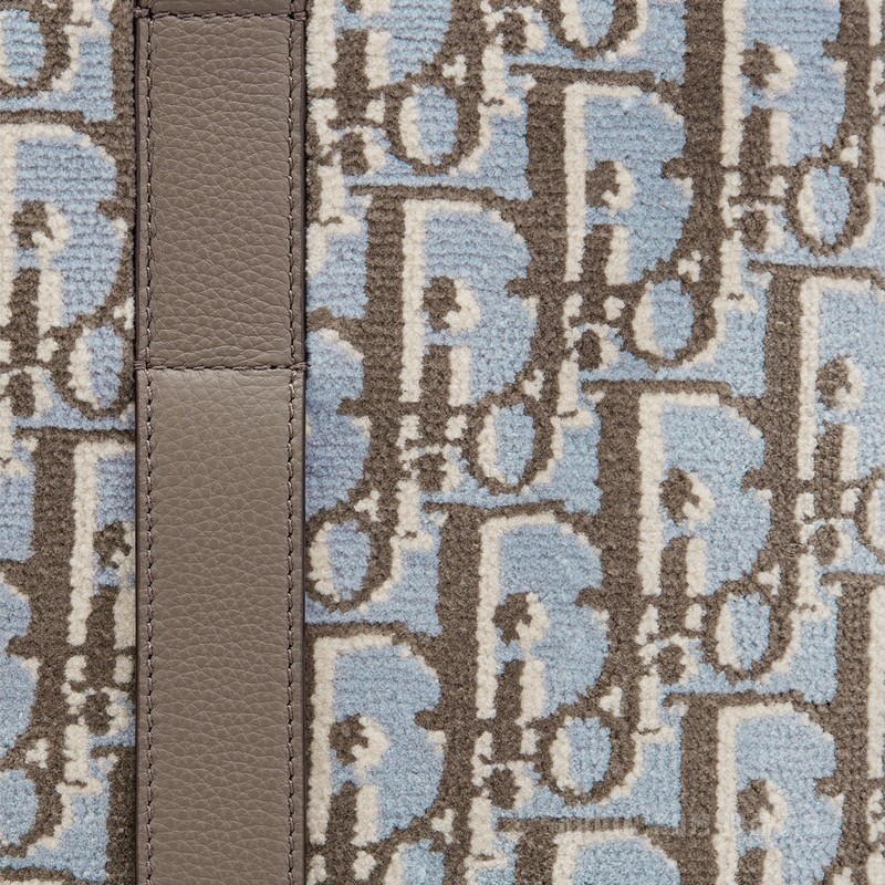 大号 Dior Corolle 手袋 米灰色 Oblique Tapestry 印花和棕色粒面牛皮革