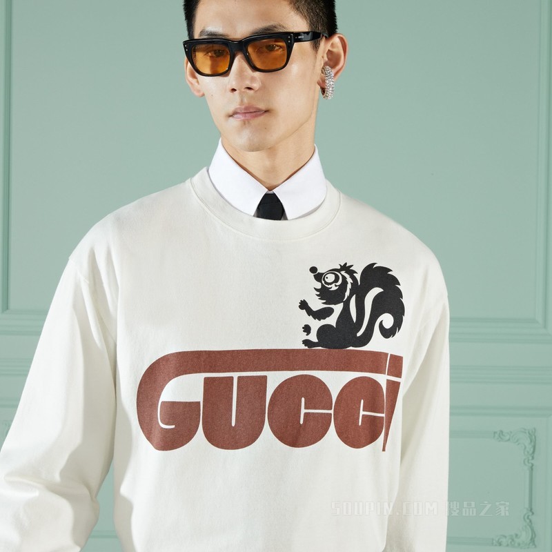 复古Gucci臭鼬印花T恤 米白色