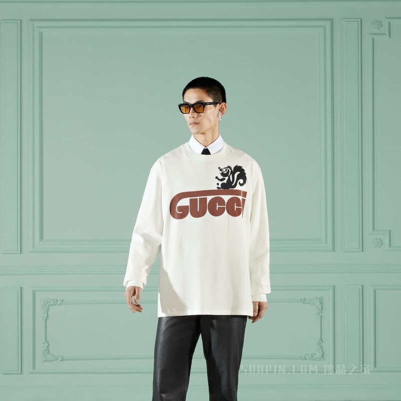 复古Gucci臭鼬印花T恤 米白色