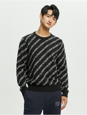 Calvin Klein 秋冬男装时尚通身LOGO提花圆领羊毛毛衣针织衫J319617