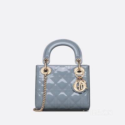 迷你 Lady Dior 手袋 云雾蓝漆皮牛皮革藤格纹
