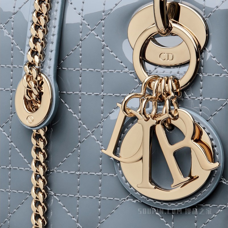 迷你 Lady Dior 手袋 云雾蓝漆皮牛皮革藤格纹