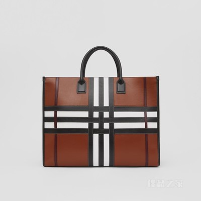 Exaggerated Check Leather Tote (Tan) - 男士