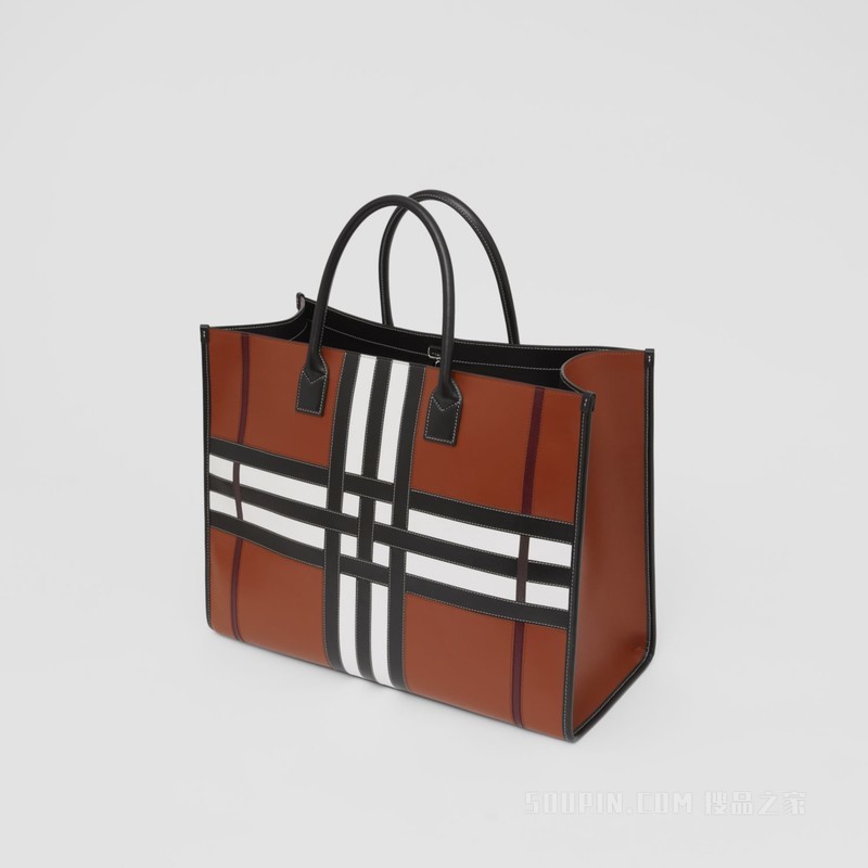 Exaggerated Check Leather Tote (Tan) - 男士