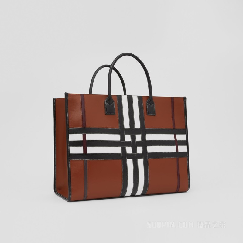 Exaggerated Check Leather Tote (Tan) - 男士