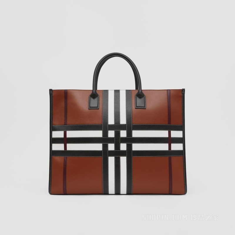 Exaggerated Check Leather Tote (Tan) - 男士