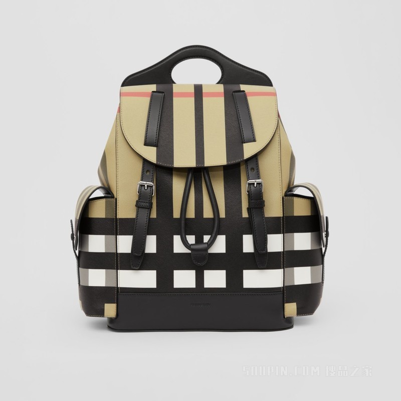 切片格纹口袋双肩背包 (典藏米色 / 黑色) - 男士