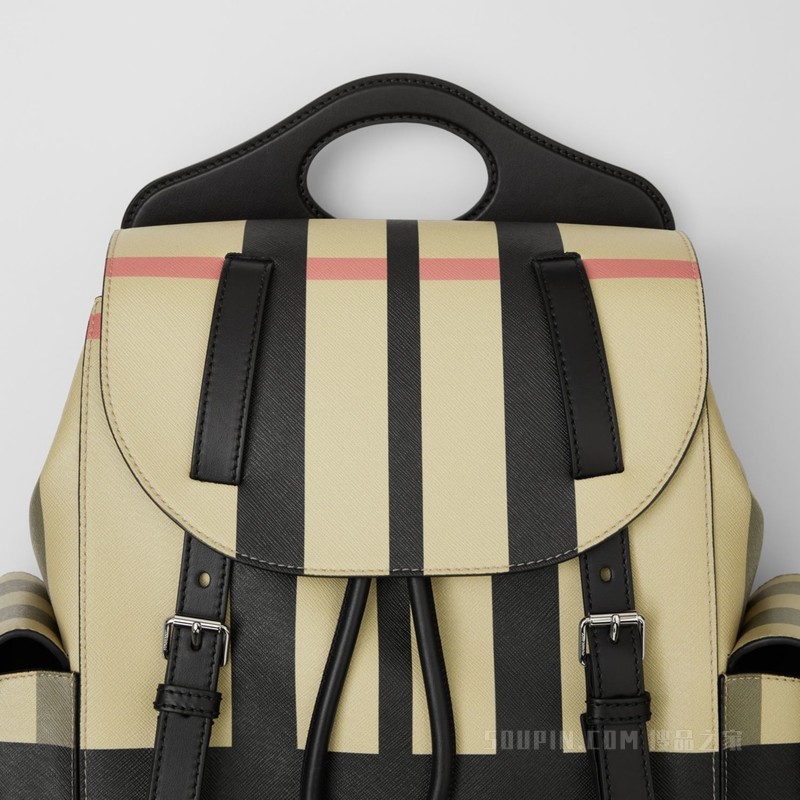 切片格纹口袋双肩背包 (典藏米色 / 黑色) - 男士