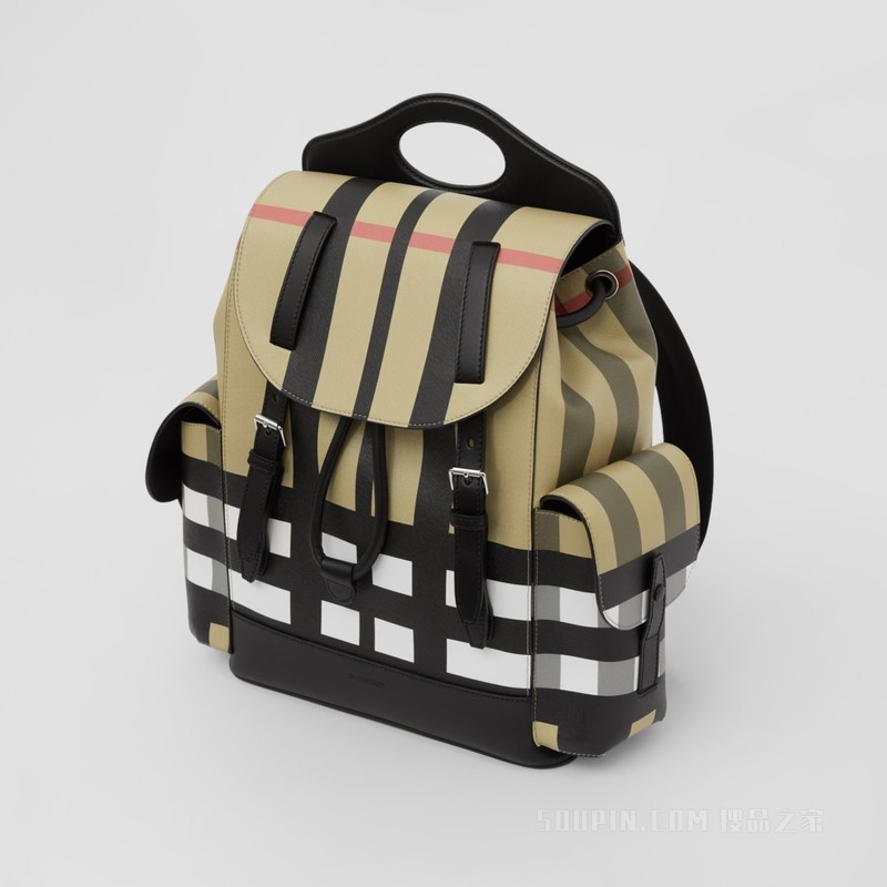 切片格纹口袋双肩背包 (典藏米色 / 黑色) - 男士