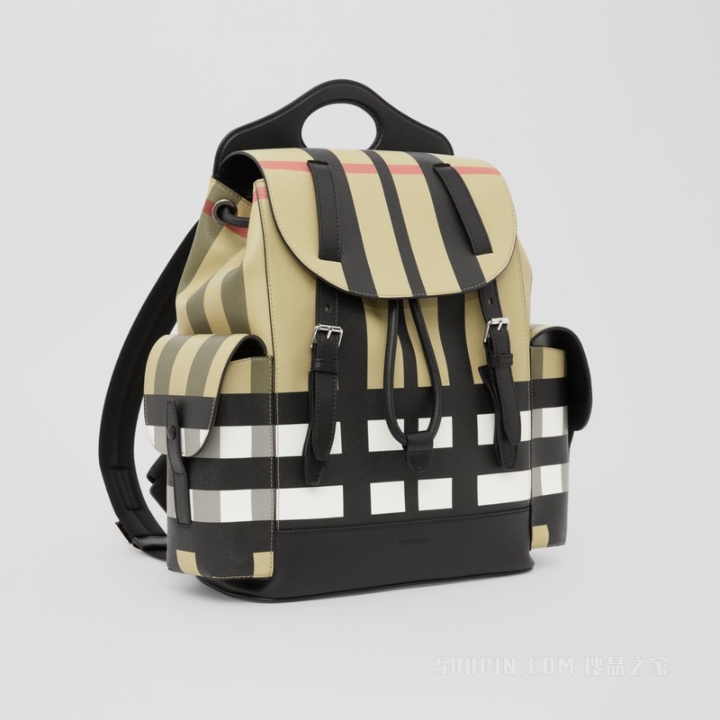 切片格纹口袋双肩背包 (典藏米色 / 黑色) - 男士