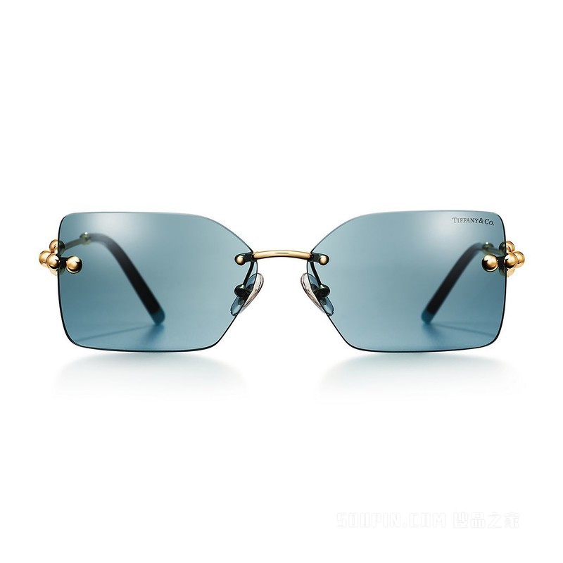 Tiffany HardWear 系列蓝色镜片淡金色金属镜框太阳镜
