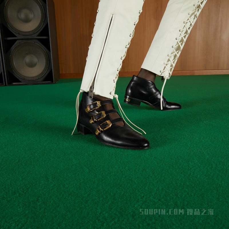 男士搭扣踝靴 黑色皮革