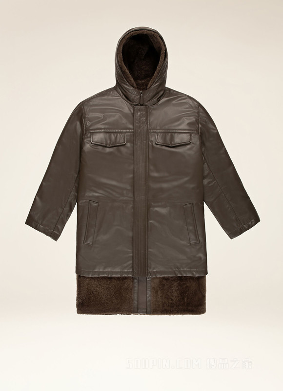 Padded Leather Parka 棕色皮革外套