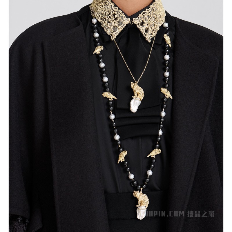 Danse des Tigres 长款项链 金色饰面金属、白色珍珠、白色树脂珠饰和黑色石饰