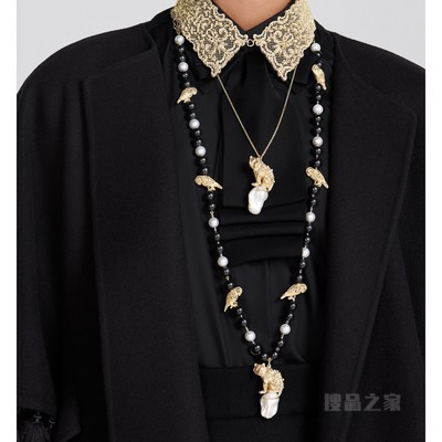 Danse des Tigres 长款项链 金色饰面金属、白色珍珠、白色树脂珠饰和黑色石饰