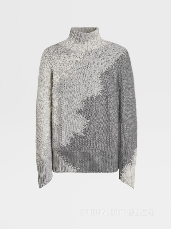 麻灰色配白色山羊绒高领毛衣