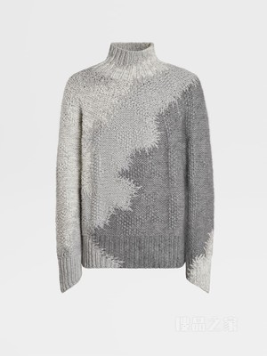 麻灰色配白色山羊绒高领毛衣