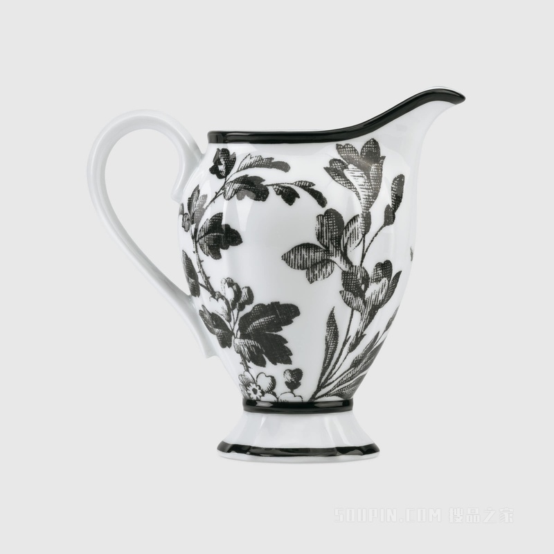 腊叶印花奶壶 黑色和白色瓷质