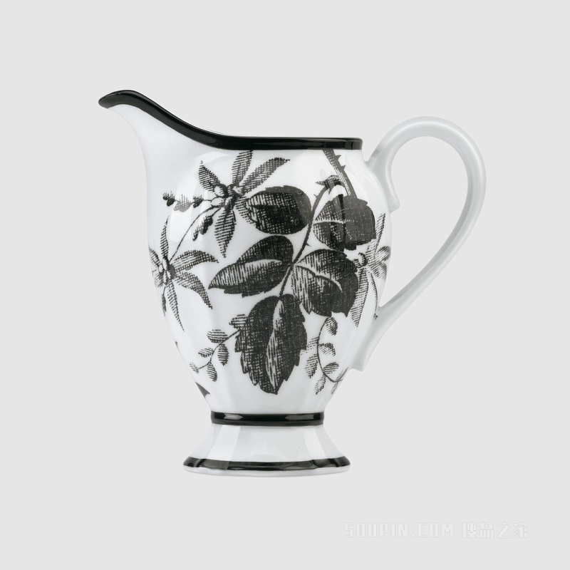 腊叶印花奶壶 黑色和白色瓷质