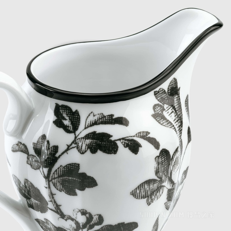 腊叶印花奶壶 黑色和白色瓷质