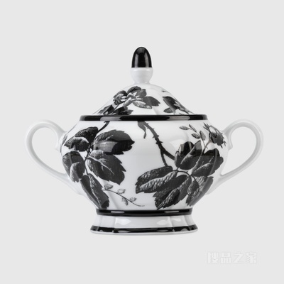 腊叶印花糖罐 黑色和白色瓷质