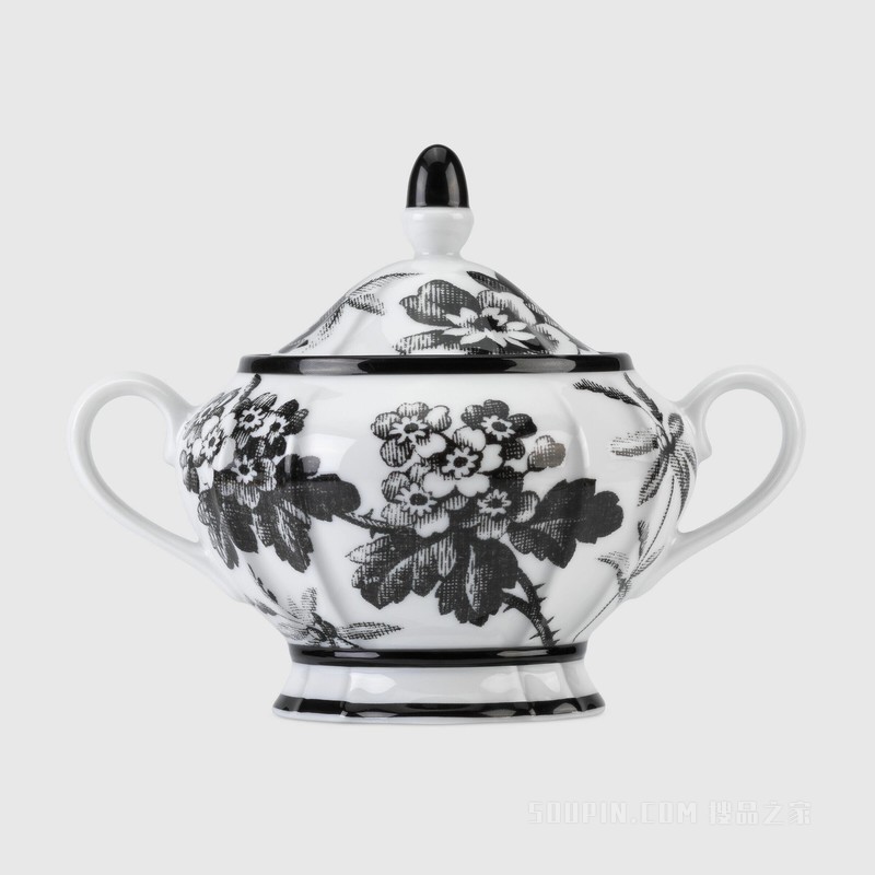 腊叶印花糖罐 黑色和白色瓷质