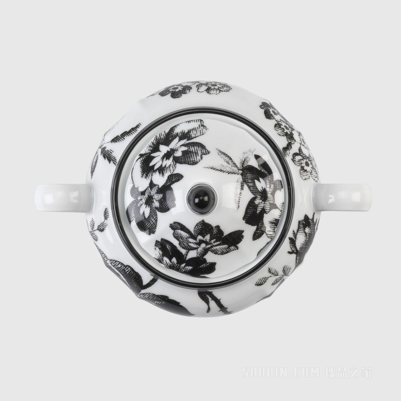 腊叶印花糖罐 黑色和白色瓷质