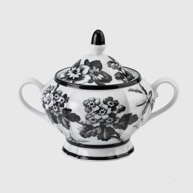 腊叶印花糖罐 黑色和白色瓷质