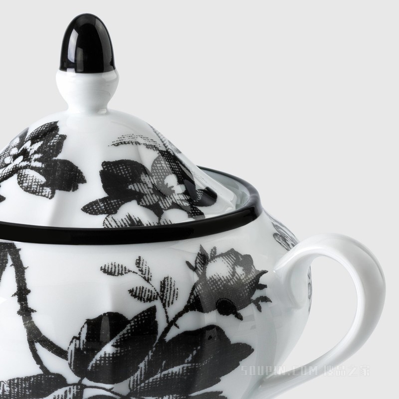 腊叶印花糖罐 黑色和白色瓷质