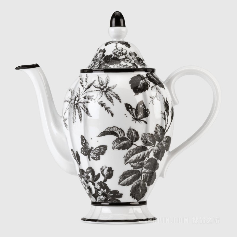 腊叶印花咖啡壶 黑色和白色瓷质