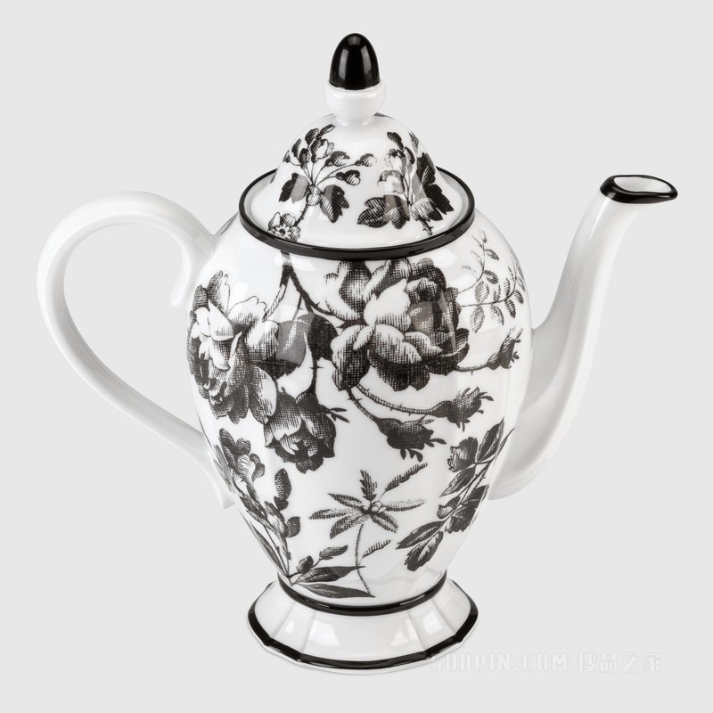 腊叶印花咖啡壶 黑色和白色瓷质