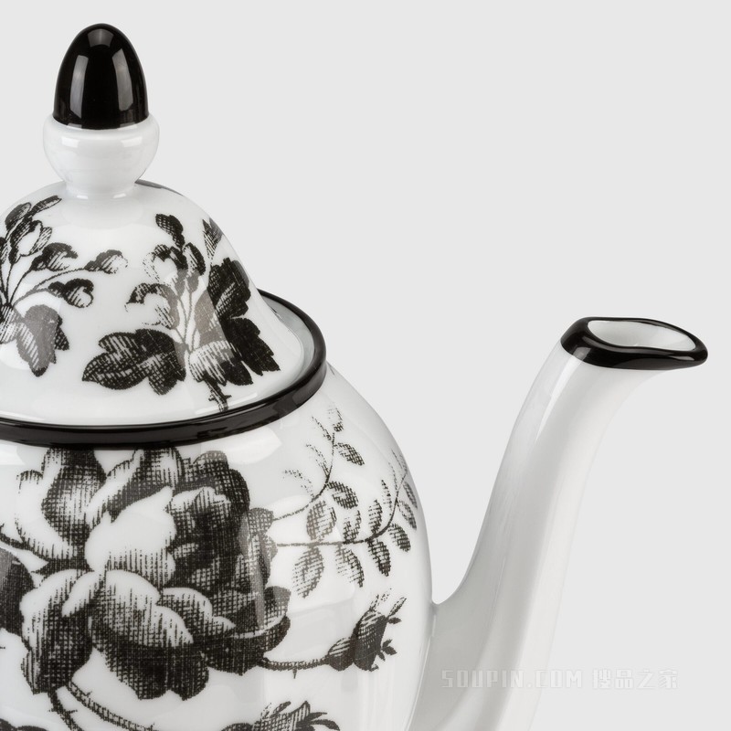 腊叶印花咖啡壶 黑色和白色瓷质