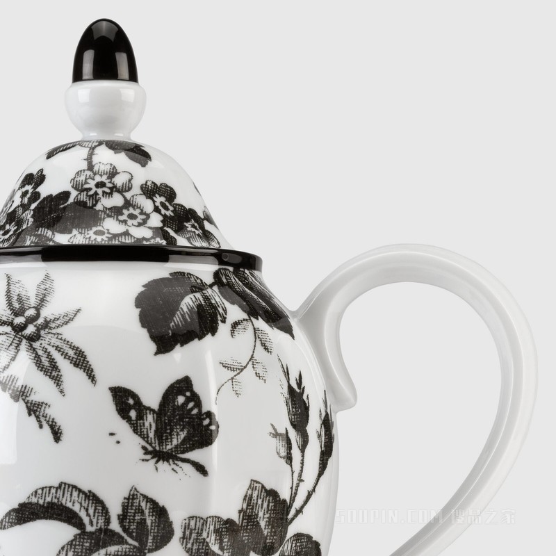 腊叶印花咖啡壶 黑色和白色瓷质
