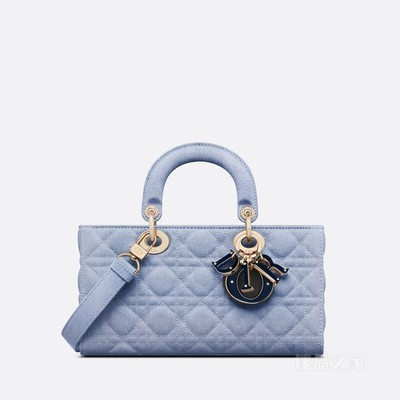 中号 Lady D-Joy 手袋 蓝色牛仔超大藤格纹