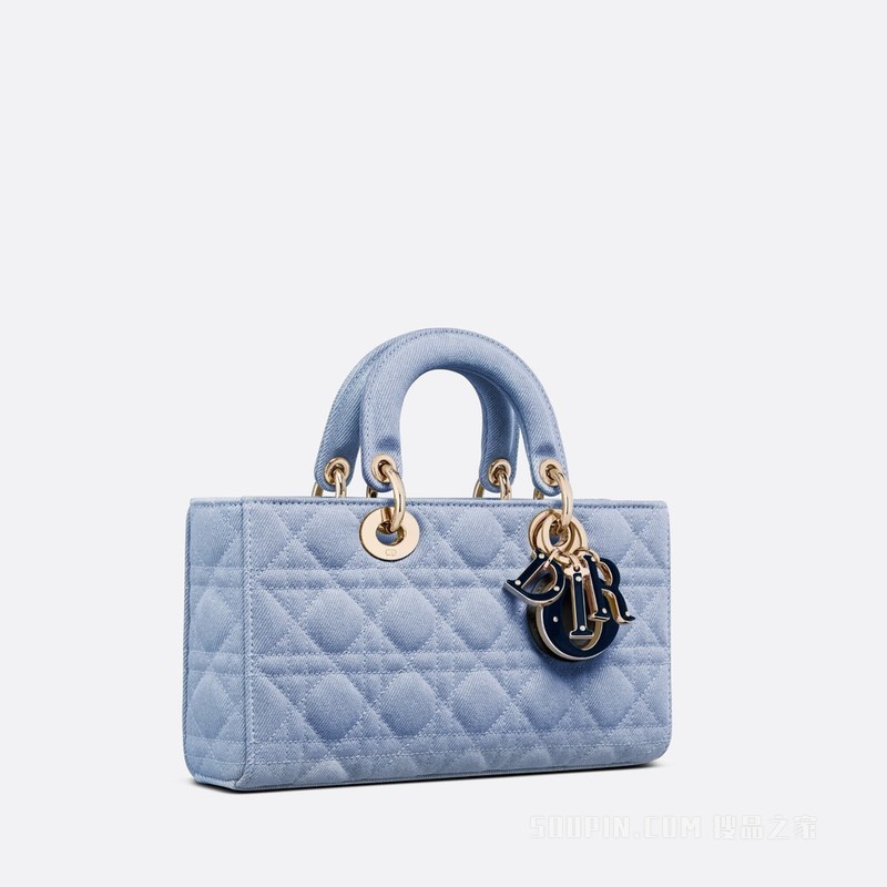 中号 Lady D-Joy 手袋 蓝色牛仔超大藤格纹