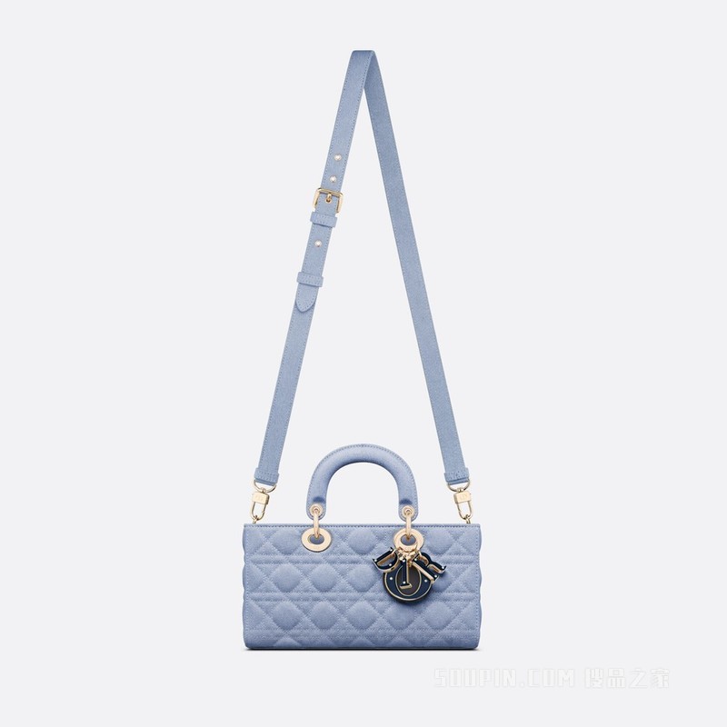 中号 Lady D-Joy 手袋 蓝色牛仔超大藤格纹