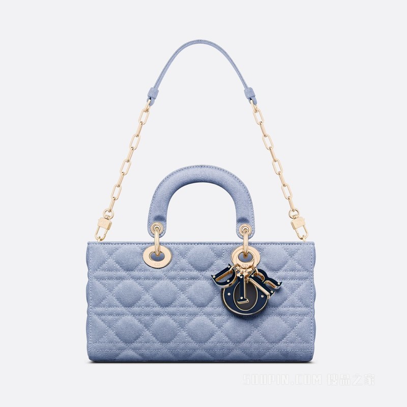 中号 Lady D-Joy 手袋 蓝色牛仔超大藤格纹