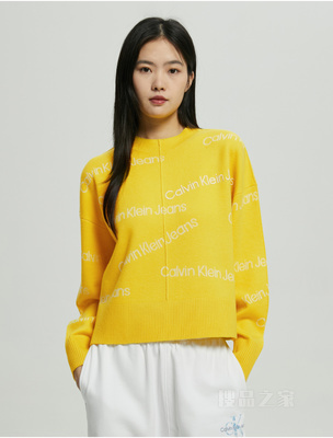 Calvin Klein 22秋冬女士时尚LOGO提花保暖羊毛混纺毛衣针织衫J219941