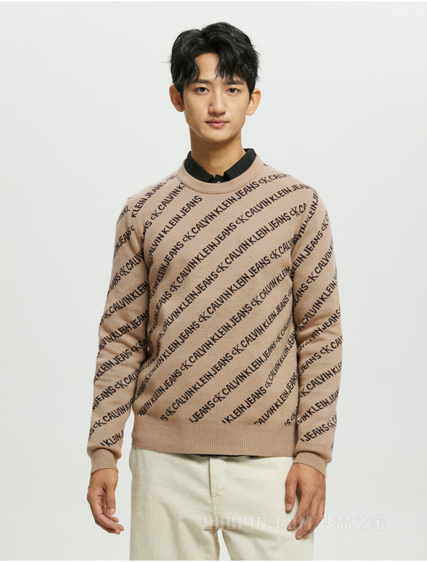 Calvin Klein 秋冬男装时尚通身LOGO提花圆领羊毛混纺针织毛衣J319617