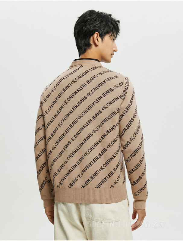 Calvin Klein 秋冬男装时尚通身LOGO提花圆领羊毛混纺针织毛衣J319617